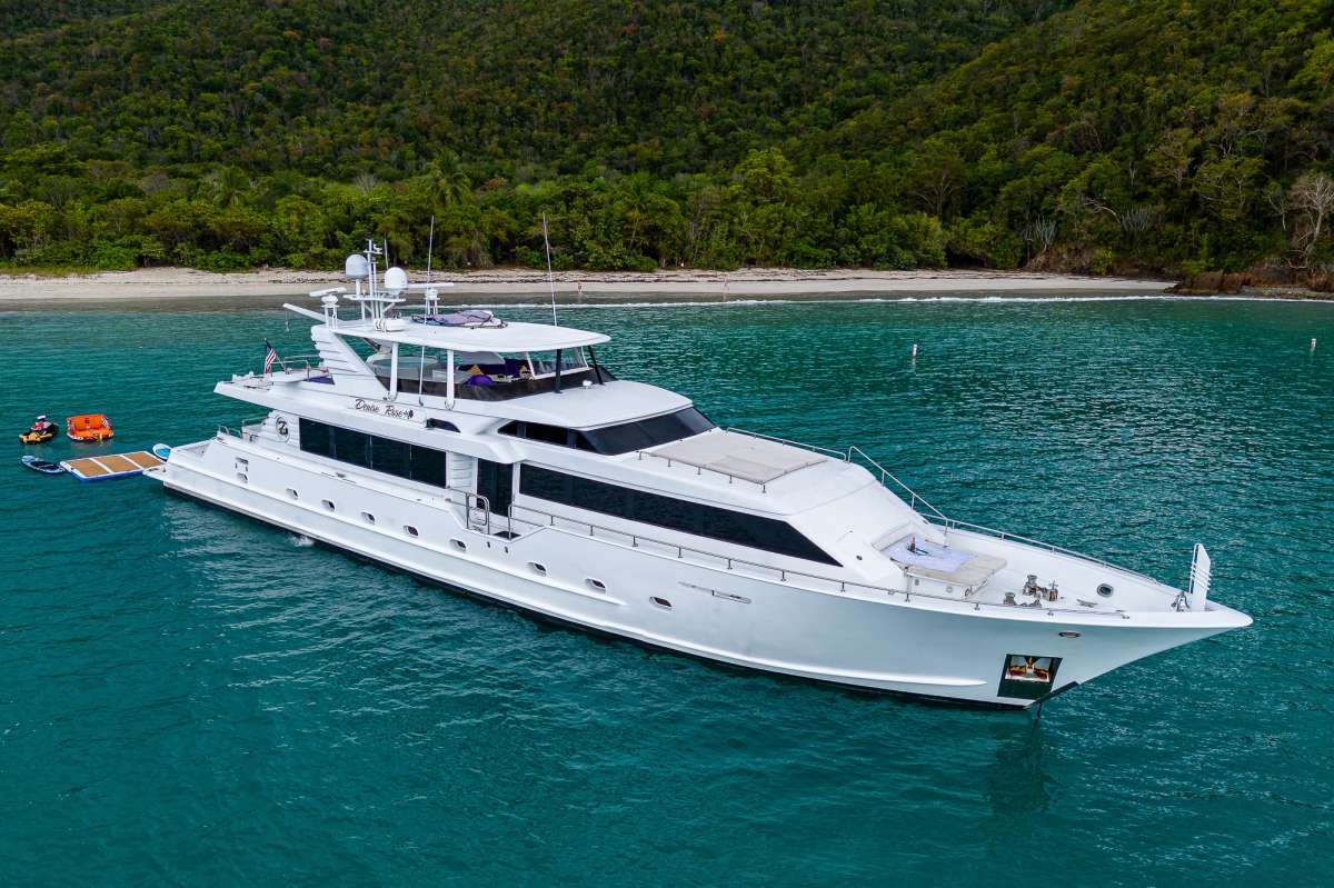 LADY SHARON GALE is a highly customized 112' Broward superyacht. Indulge in a yacht that offers classic styling, elegant interiors, an energetic crew and gourmet chef at a remarkable rate. This luxurious charter yacht offers unusually large spaces and lavish features. Imagine relaxing with a signature cocktail and panoramic views from the sundeck Jacuzzi. Enjoy the passing shoreline from the fully-equipped bar, or the roomy table surrounded by plush banquette seating. 

Interiors are designed to be welcoming, upscale yet informal, stylish and comfortable. Rich, maple paneling with a soft satin finish is featured throughout. The new furnishings, fabrics and stone are of the highest quality and create an ambience of casual elegance.  

On the main deck, charter families and friends will enjoy canap&eacute;s and conversation in the newly furnished salon. Indulge in a signature cocktail from the bar, or be entertained with music and videos on the yacht&rsquo;s updated system. Dine in the formal dining area, or al fresco with sea breezes and stunning views on the aft deck or sundeck. Gather together in the all-new sky lounge with JL Audio sound and LED lighting.

Guest accommodations are wonderful for extended families and groups of colleagues and friends. There are four staterooms with six berths positioned on the lower deck level. The primary stateroom features a king size bed, cedar lined closet and his-and-her facilities. The VIP stateroom occupies the entire bow area and is nearly equal to the primary. It features a queen size bed, plenty of storage and sizable bathroom with shower. Two guest staterooms are furnished with one double bed and one twin bed, so extra berths for children, single guests or staff. Staterooms are updated with new bedding, pillows, linens and towels.

LADY SHARON GALE is ideal for island hopping. Powered by Detroit Diesel engines of 1800 HP each, she reaches a speedy 18 knots and happily cruises at 12 knots. Come aboard in St Thomas USVI and enjoy cruising the beautiful Virgin islands.