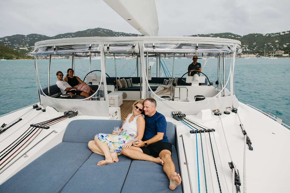 Flybridge sunning area with the helm behind