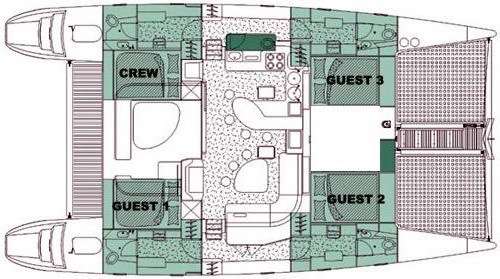 Explore the layout and specifications for TURQUOISE TURTLE, a 50 ft Sailing Catamaran