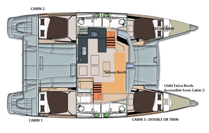 Explore the layout and specifications for Groovy, a 43 ft Sailing Catamaran