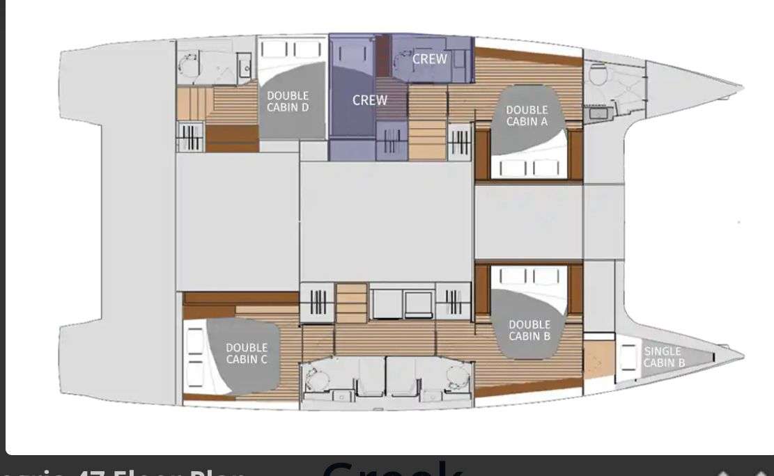 Explore the layout and specifications for ALEGRIA, a 46 ft Sailing Catamaran