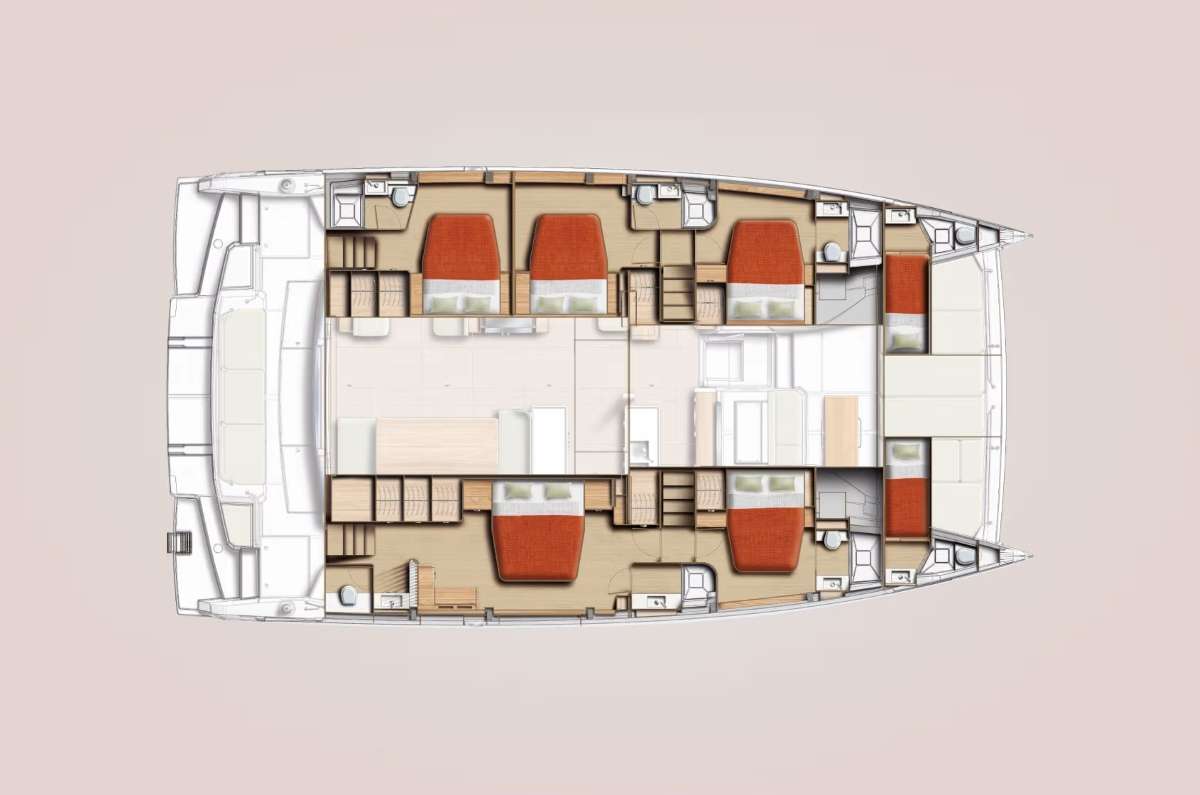 Explore the layout and specifications for Endeavour, a 58 ft Sailing Catamaran
