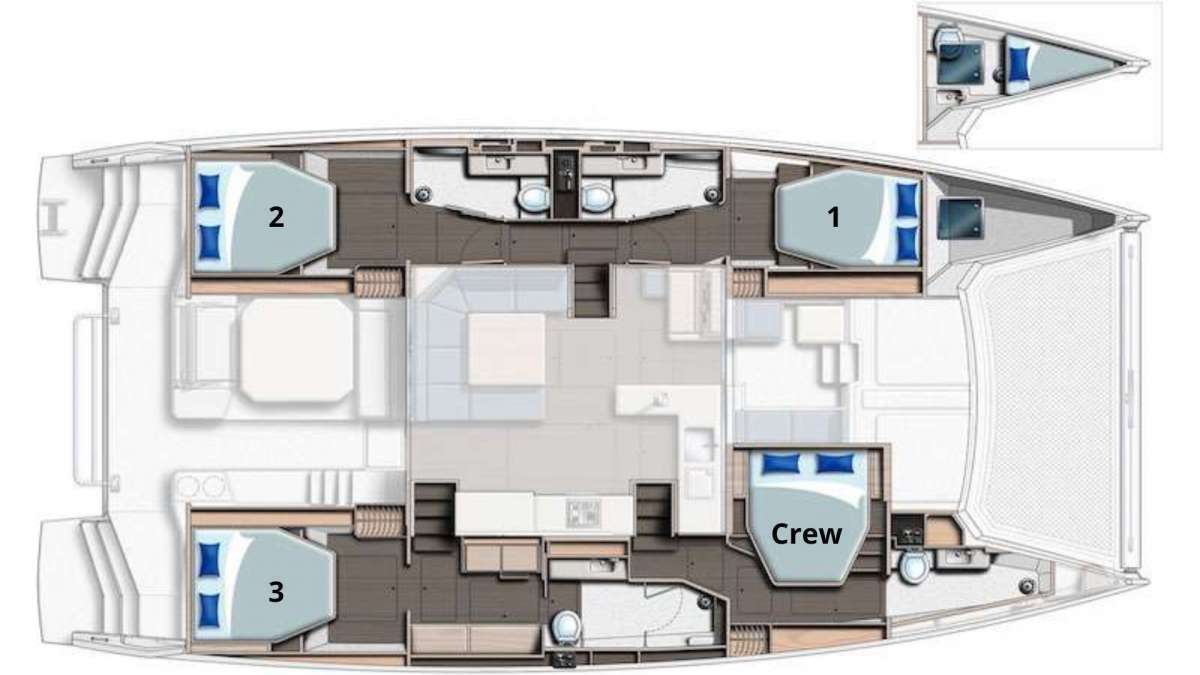 Explore the layout and specifications for LIVIN, a 50 ft Sailing Catamaran