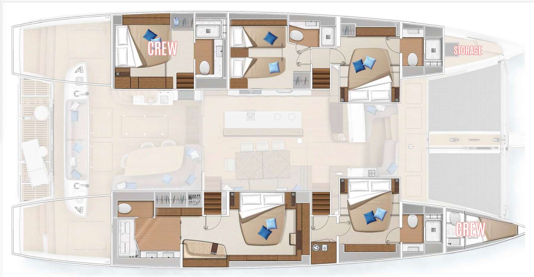Explore the layout and specifications for Lady Rosé (Lagoon Sixty 5), a 67 ft Sailing Catamaran