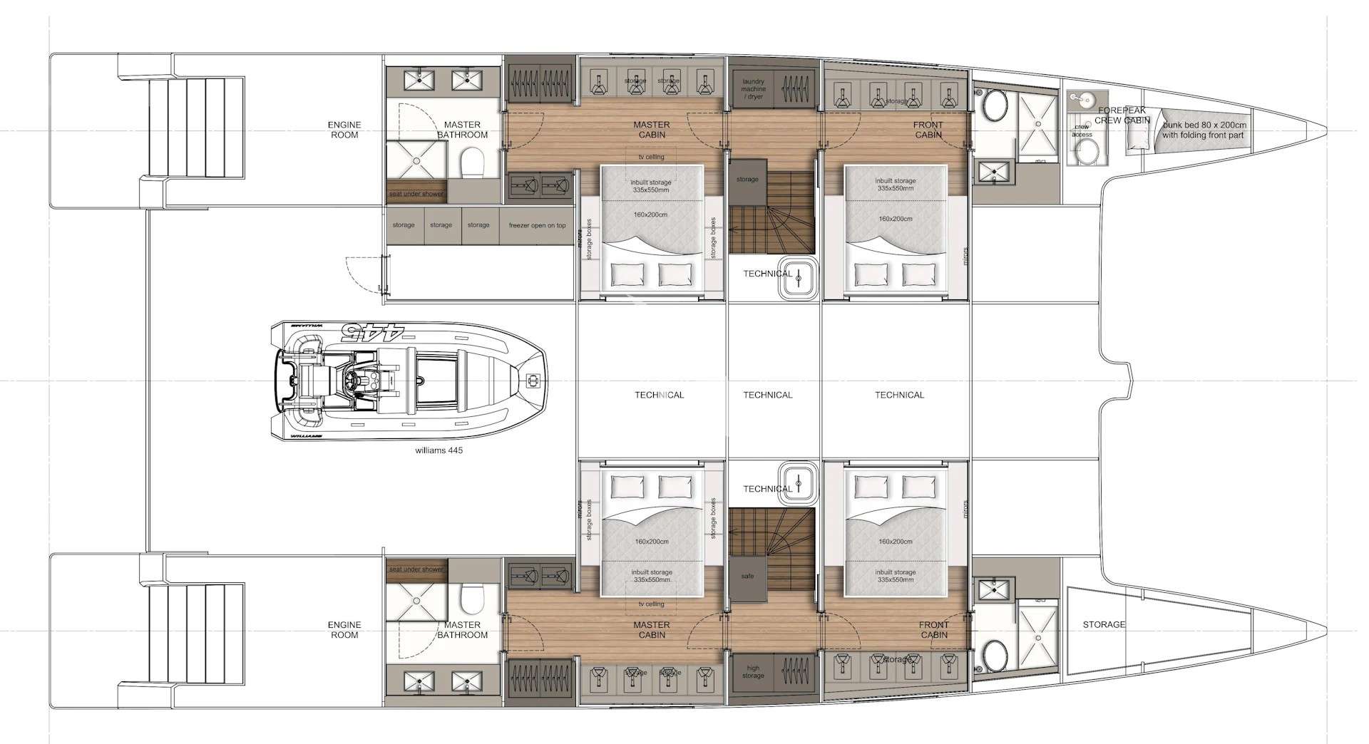 Explore the layout and specifications for ORCA, a 71 ft Sailing Catamaran