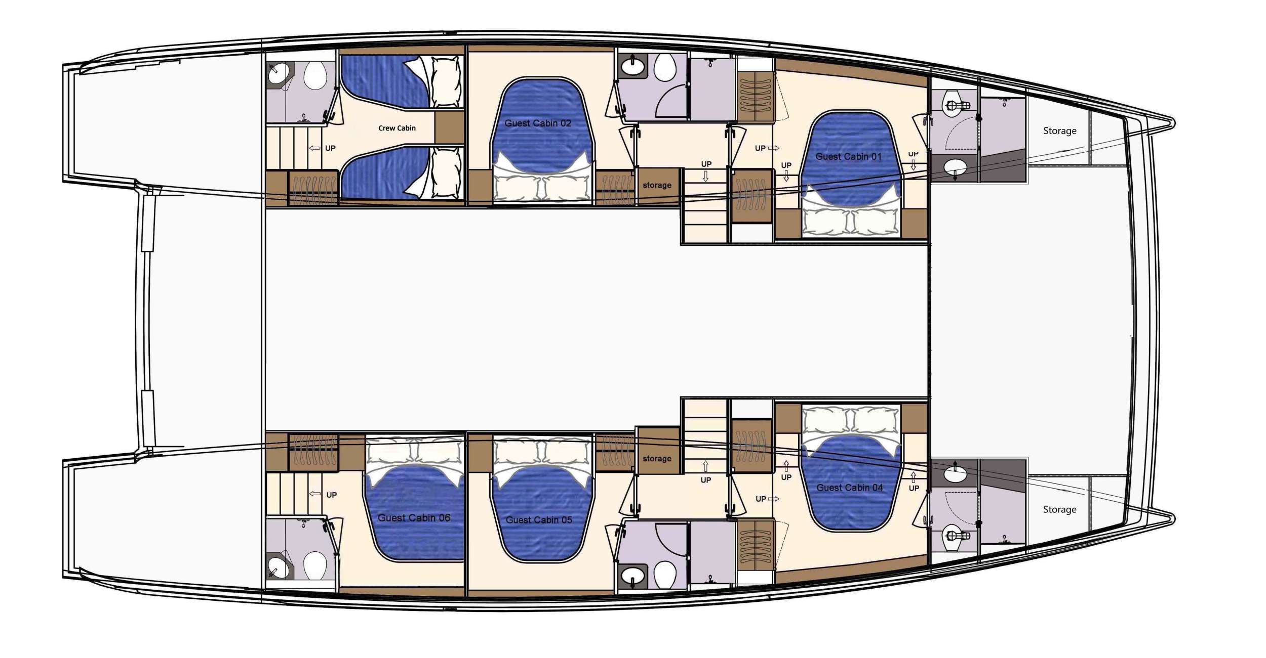 Explore the layout and specifications for RumRunner, a 60 ft Sailing Catamaran