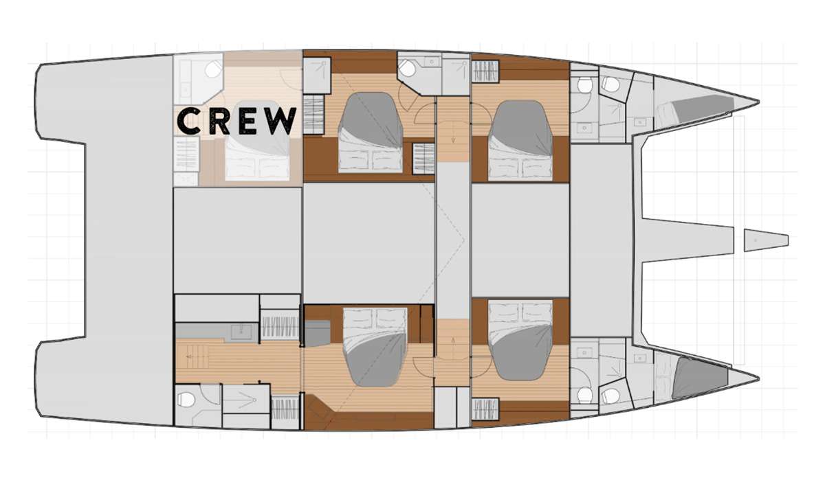 Explore the layout and specifications for CATALYST, a 59 ft Sailing Catamaran