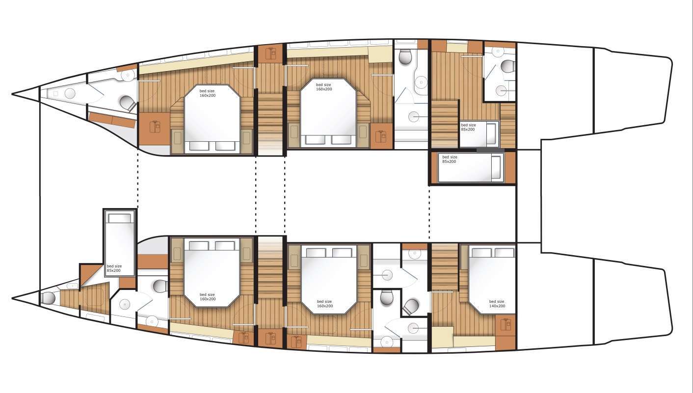 Explore the layout and specifications for Full Moon, a 63 ft Sailing Catamaran