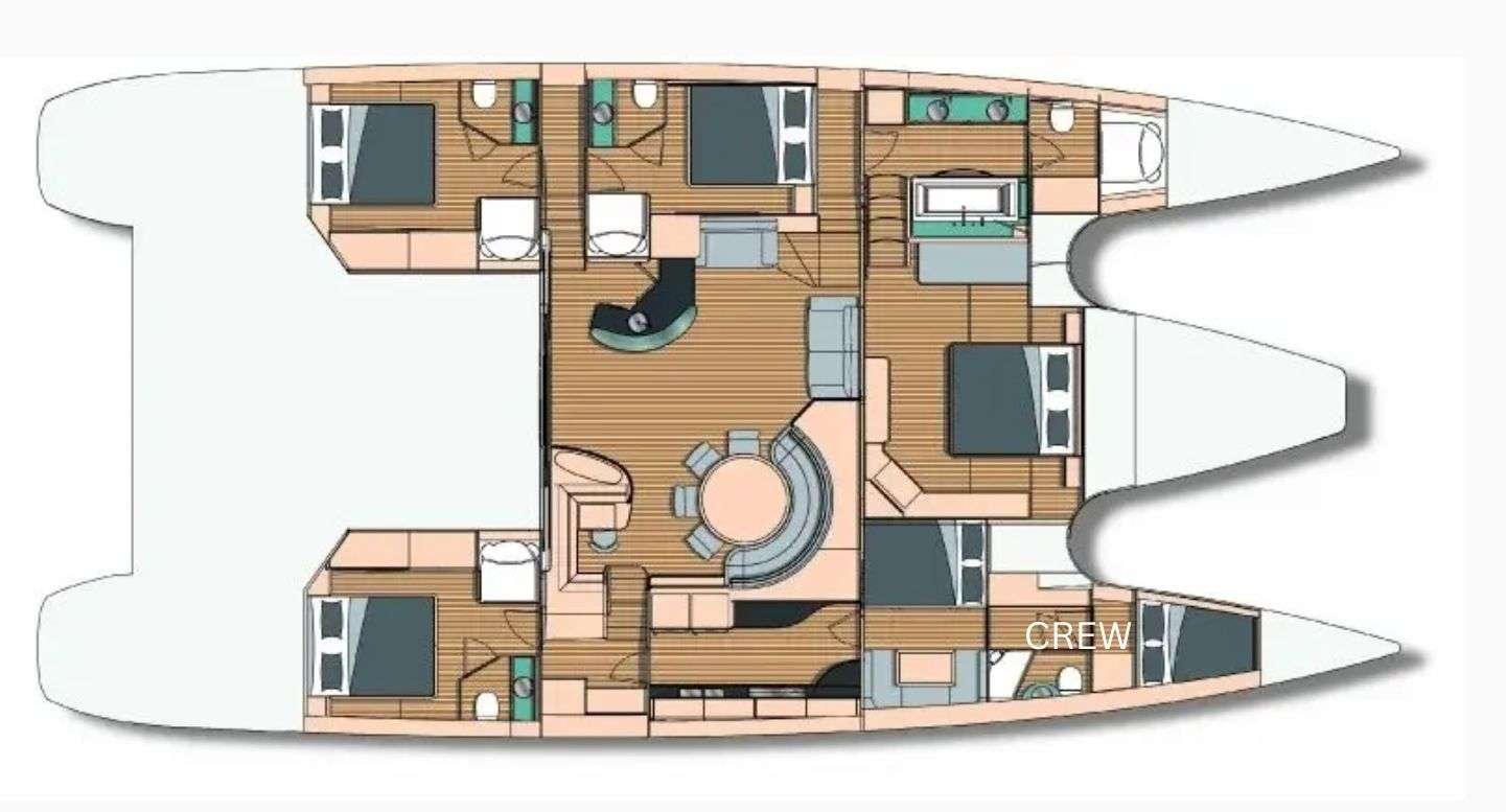 Explore the layout and specifications for AVANTI, a 74 ft Sailing Catamaran