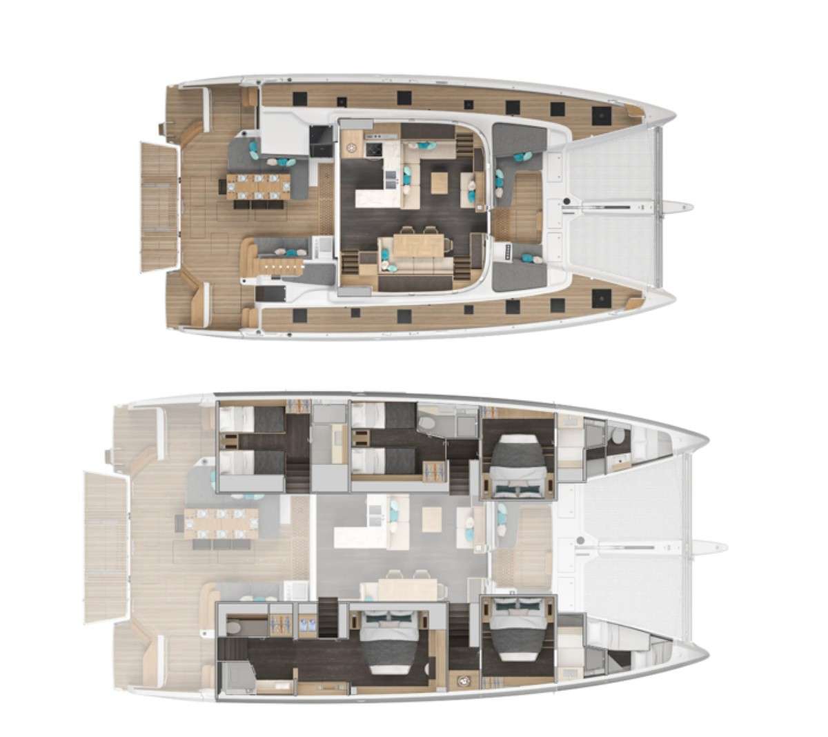 Explore the layout and specifications for WISH, a 60 ft Sailing Catamaran