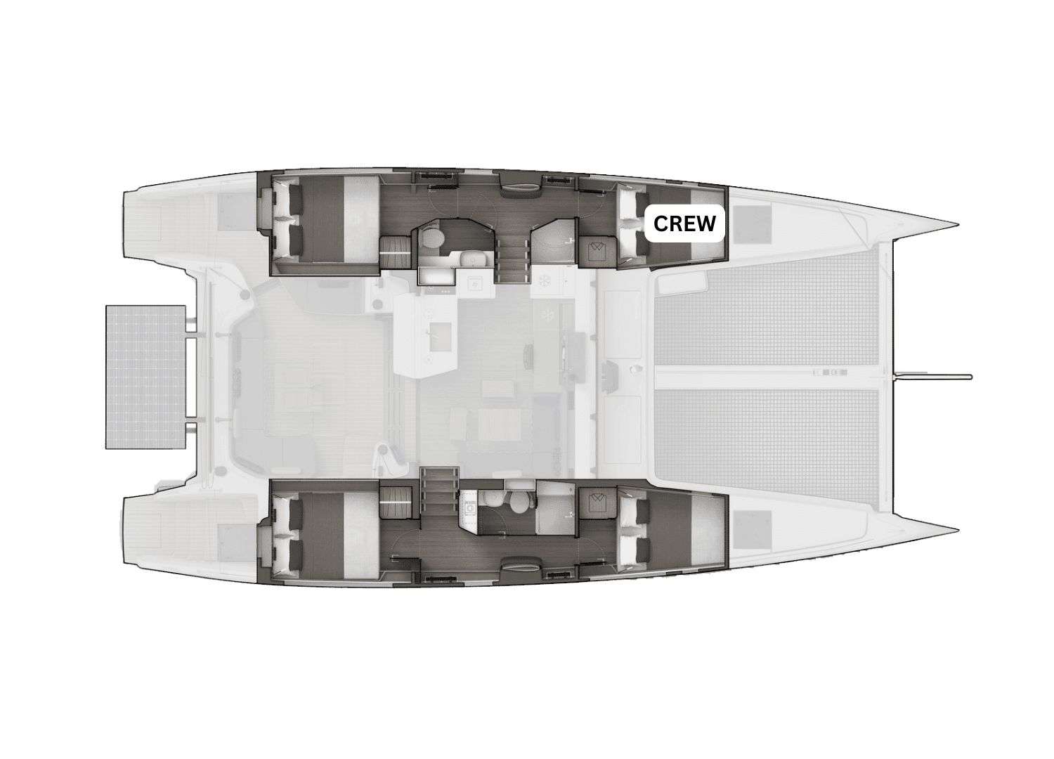 Explore the layout and specifications for Inez, a 52 ft Sailing Catamaran