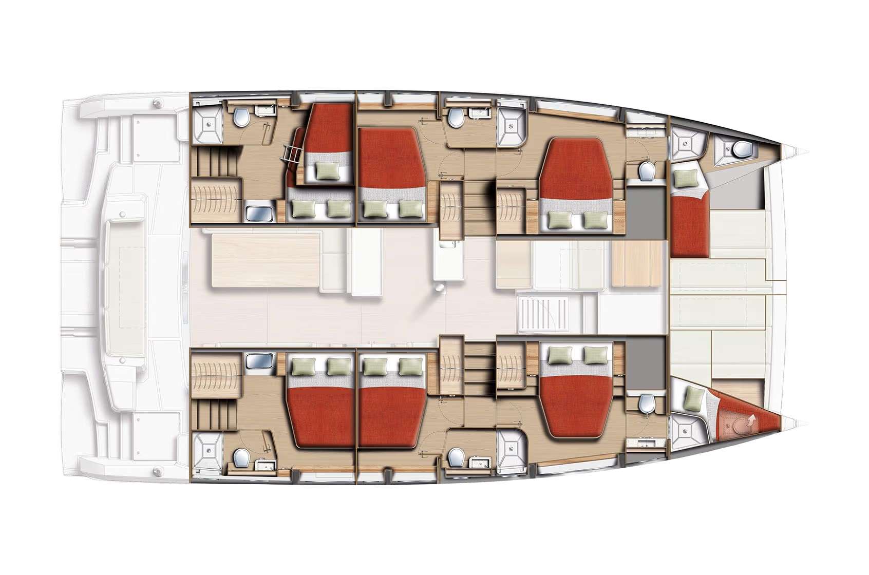 Explore the layout and specifications for NO RUSH, a 52 ft Sailing Catamaran