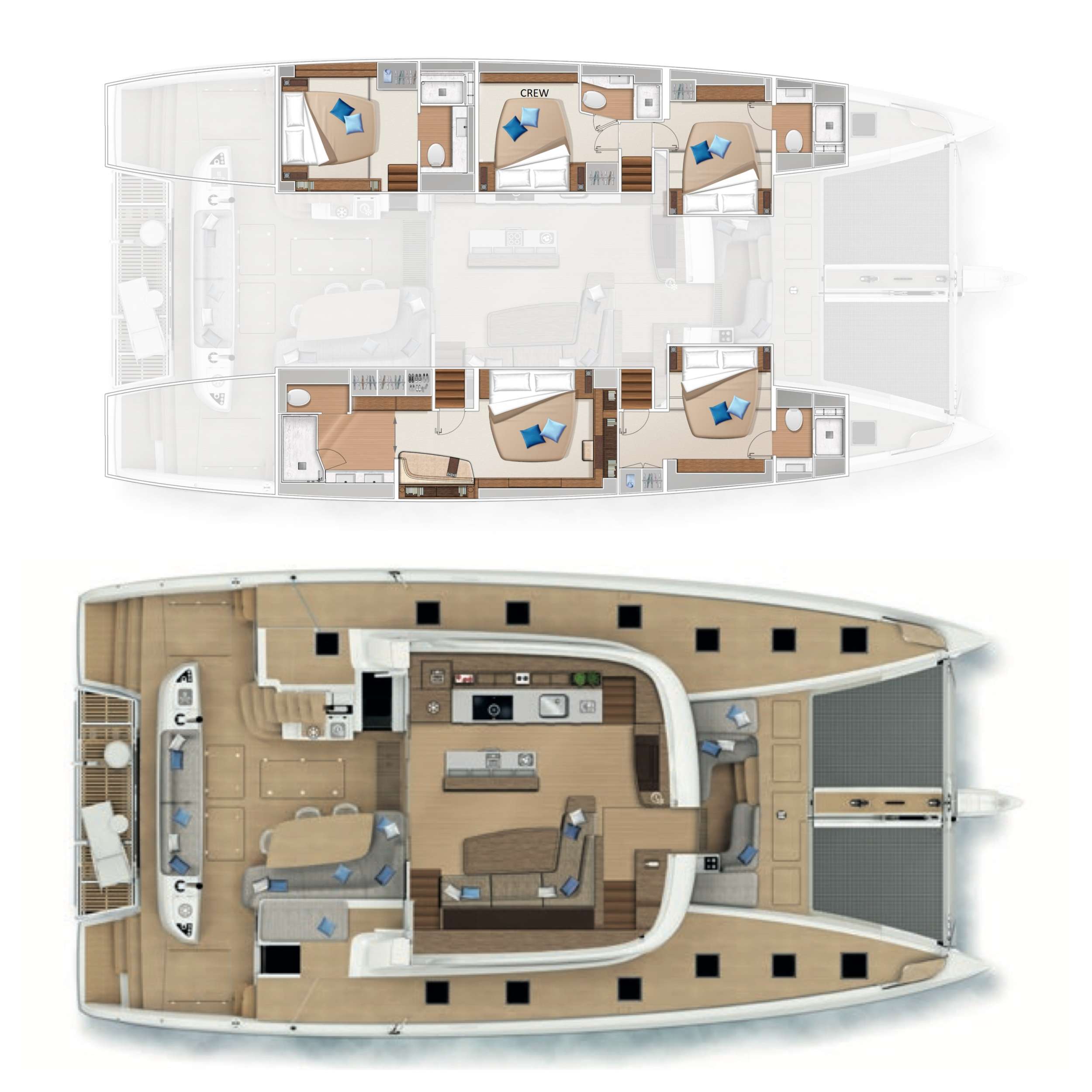 Explore the layout and specifications for AURORA, a 65 ft Sailing Catamaran