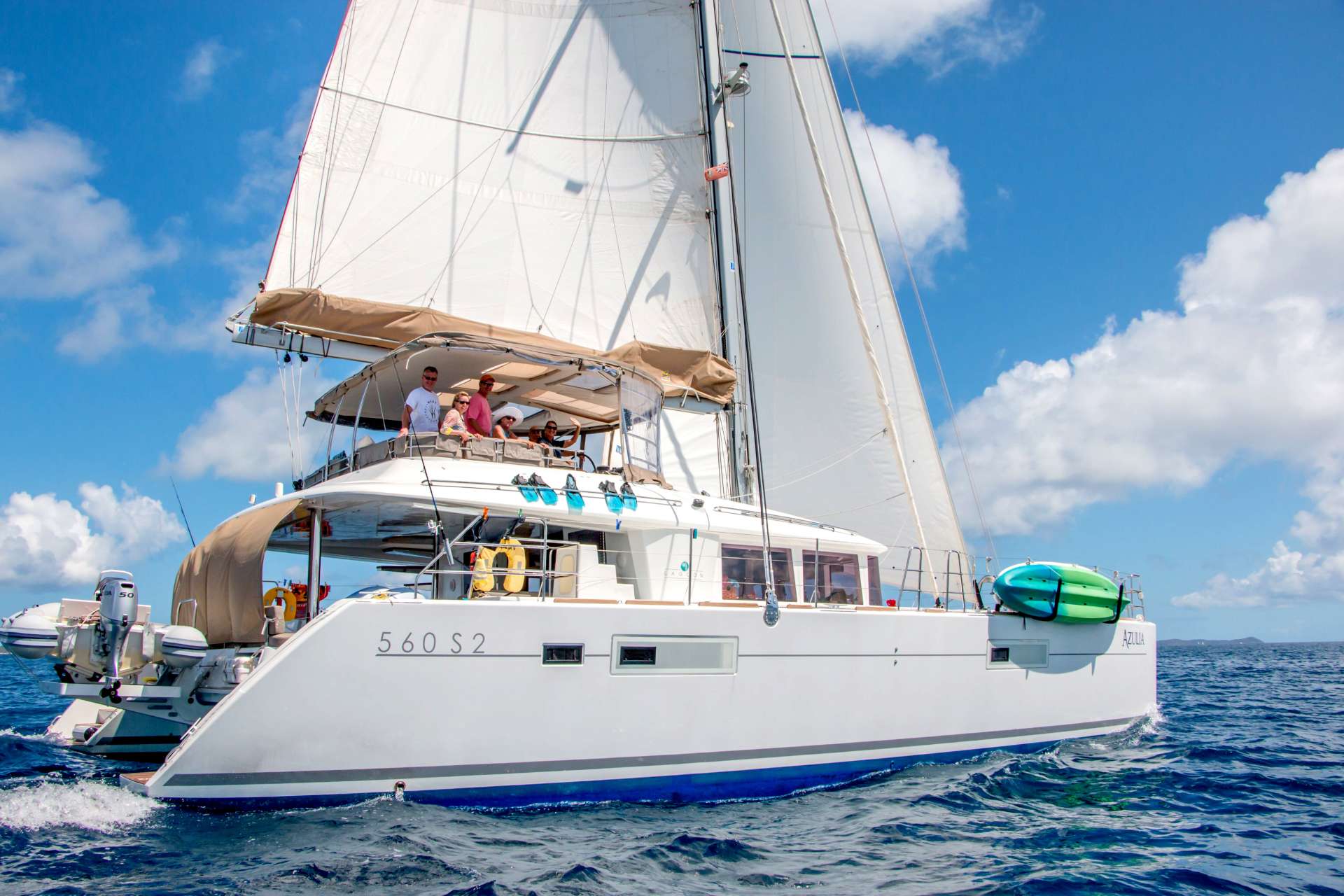 AZULIA II, The Premier Caribbean Sailing Yacht Charter. Imagine a fully crewed and catered luxury dream vacation on Azulia, a 2015 Lagoon 560 S2 catamaran. Experience the tranquility and beauty of the Virgin Islands while wrapped in the elegance and prestige of the finest sailing multihull in the Caribbean. 

Experience the unspoiled beauty and quality sailing of the Virgin Islands on Azulia II, a premium, fully-equipped Lagoon catamaran available for charter. Excursions depart from the any port in the British Virgin Islands, US Virgin Islands or from eastern Puerto Rico. Explore the beautiful Caribbean while enjoying delectable galley treats aboard beautiful Azulia. Having been gently chartered and meticulously maintained with the same crew, Azulia is among the finest yacht charters that the Virgin Islands can offer.

Azulia II accommodates up to 8 guests in 3 elegant queen guest suites &amp; 1 bunk cabin, each with its own ensuite head and shower. Cabins are beautifully appointed with luxury bedding and linens. She is air-conditioned throughout with individual controls in each cabin. Crew quarters are located in port forward cabin, with own head and shower.
