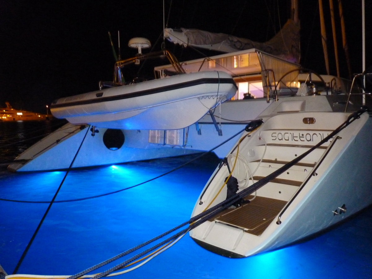 SAGITTARIUS Yacht Charter - Aft View with Night Lights
