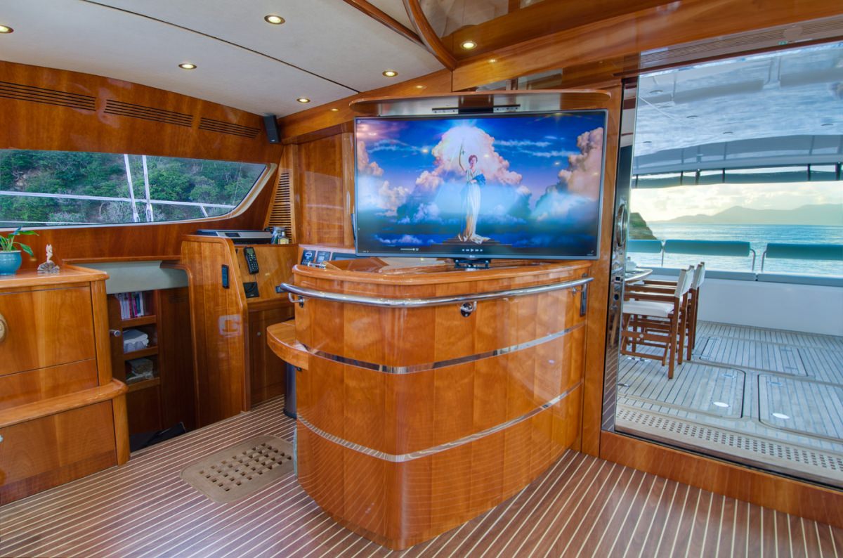 XENIA74 Yacht Charter - Bar, entertainment and view to deck