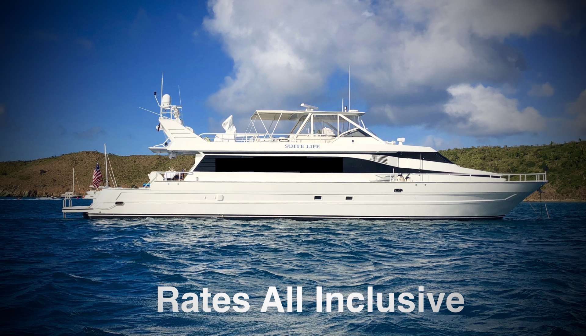 Welcome aboard SUITE LIFE, your private ALL-INCLUSIVE 92&rsquo; x 22&rsquo; (3,000 sq ft) floating luxury resort. 
She was completely refitted in 2020, however, as owner operators we continually improve and keep her fresh! In fact, 2023 is our 8th charter season in the U.S. and British Virgin Islands! Suite Life has 4 staterooms, 5 baths, plus separate crew quarters, and accommodates up to 9 guests in air conditioned luxury. Her spacious layout offers 2 bars, 3 dining areas, a day head and an expansive salon for comfortable seating and movies on-demand. 

Gaze at a new sunrise every morning while you workout on the BowFlex elliptical or sip coffee in the aft alfresco teak dining area. Bask the day away relaxing on the upper deck lounges, over-sized bow sun pad, or if you prefer, snorkeling right off the expansive swim platform. End the day, toasting with champagne in the outdoor bow fresh or saltwater pool.

Suite Life&rsquo;s luxury staterooms are all appointed with percale sheets, Egyptian cotton towels and robes to provide ultra comfort during guests private yacht charter. The Master Silver Palm Suite has a King bed, walk-in closet, security box, vanity table, sofa and master bathroom with full jacuzzi.The VIP Bay Rum Suite has a walk-around queen and walk-in closet. The port side Spice Berry Suite guest stateroom has a queen bed and large closet. The starboard Wild Coral Suite guest stateroom has a full bed and twin.

All staterooms have marbled en-suite bathrooms with enclosed showers. Each bedroom also has its own &ldquo;smart&rdquo; flat-screen televisions, with WiFi access, Bluetooth stereos and individual climate control, air conditioned 24/7.

Suite Life&rsquo;s professional, friendly and knowledgeable crew of four will show you the secret hidden treasures of the Virgin Islands few know about. We ensure our guests vacation is effortless, so sit back, relax and live the Suite Life. 

Note: Suite Life M/Y has both a U.S. and British Virgin Island Business license so it is able to operate across all of these 60+ Islands and Cays. 
