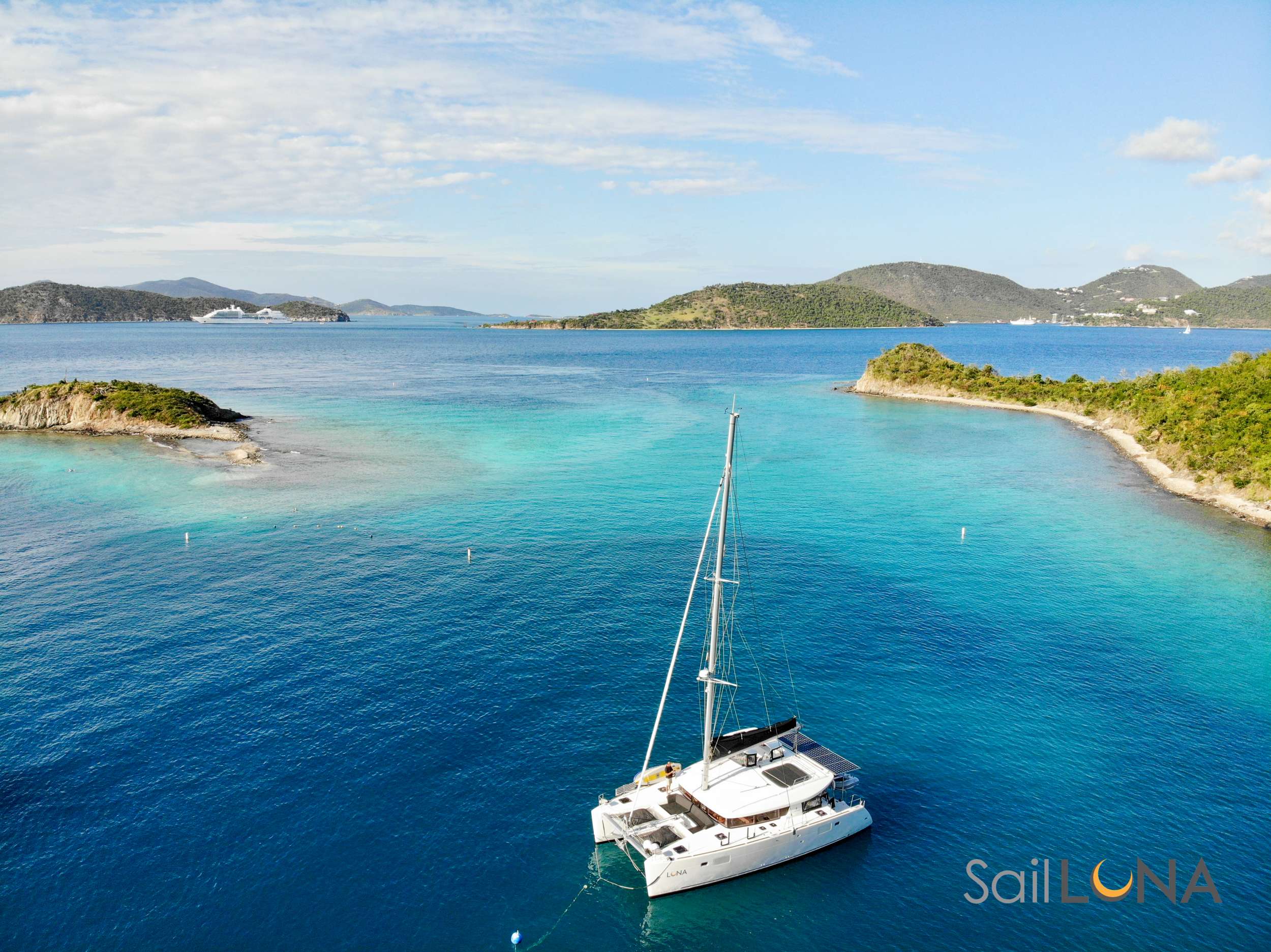 Come sail the Virgin Islands and find your own personal paradise aboard the elegant Luna. 

Join Captain Nim and Chef Fabiola for an island-hopping adventure on their brand-new, 45-foot luxury catamaran&mdash;a 2019 Lagoon 450S, custom-outfitted for added space and uncompromising comfort. 

Stretch out under the tropical sun on the spacious foredeck, dine al fresco at the 8-seater aft settee and lounge, or kick back in the breezy salon, where Luna&rsquo;s oversized windows give way to 360-degree sea views and abundant natural light. Three queen-sized staterooms provide spacious privacy for you and yours, while en-suite bathrooms with full-size showers and teak floors offer an uncommonly luxurious retreat.

Aboard Luna, every meal is a gourmet delight. Drawing from international influences and decades of experience, award-winning Chef Fabiola prepares locally sourced fare to your tastes, from challah French toast to chimichurri grilled steak and her award-winning fresh fish ceviche. Is it happy hour already? Ask Nim to shake up one of his specialty cocktails including gold-medal Limonana, and toast the good life on island time. 

You&rsquo;re at the helm of your custom-made Caribbean adventure when you step aboard Luna. Head ashore for local bites and barefoot bars, or seek out quiet coves of unparalleled beauty. Swim amid sea turtles and schooling fish on guided snorkeling outings with Captain Nim, soak up the sun below wind-filled sails, sip hand-crafted cocktails under shimmering starlight, and drift off to a blissful sleep along gentle waves.

Experience the Virgin Islands with the utmost in good food and good times. Welcome aboard Luna. 