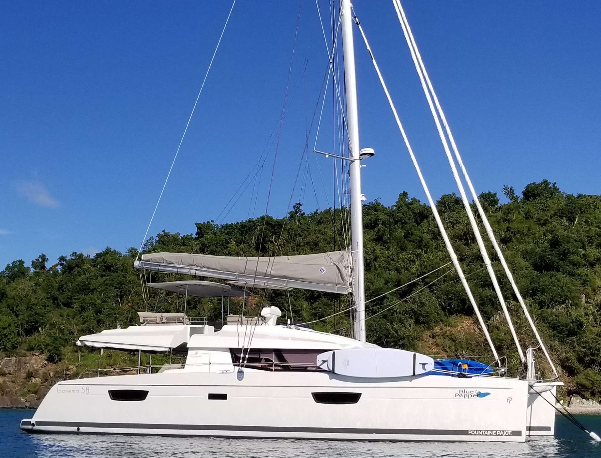 2019 USVI Charter Yacht Show - Best in Show (56&rsquo; to 65&rsquo;)
2019 USVI Charter Yacht Show - 2nd place dessert winner in culinary competition
2019 USVI Charter Yacht Show - Best Themed Yacht Hop
2018 USVI Charter Yacht Show - 1st place in Save the Blue  Water Competition 

BLUE PEPPER offers five guest cabins, each with a queen size berth, en-suite bath with stall shower, electric fresh water flush toilet and vanity. Each guest cabin has an individual control for the A/C to ensure your comfort. There is a very spacious salon, large aft deck for lounging and alfresco dining, and a lovely top fly-bridge offering a 360 degree view of paradise and is fully covered with shade awning for clients comfort.