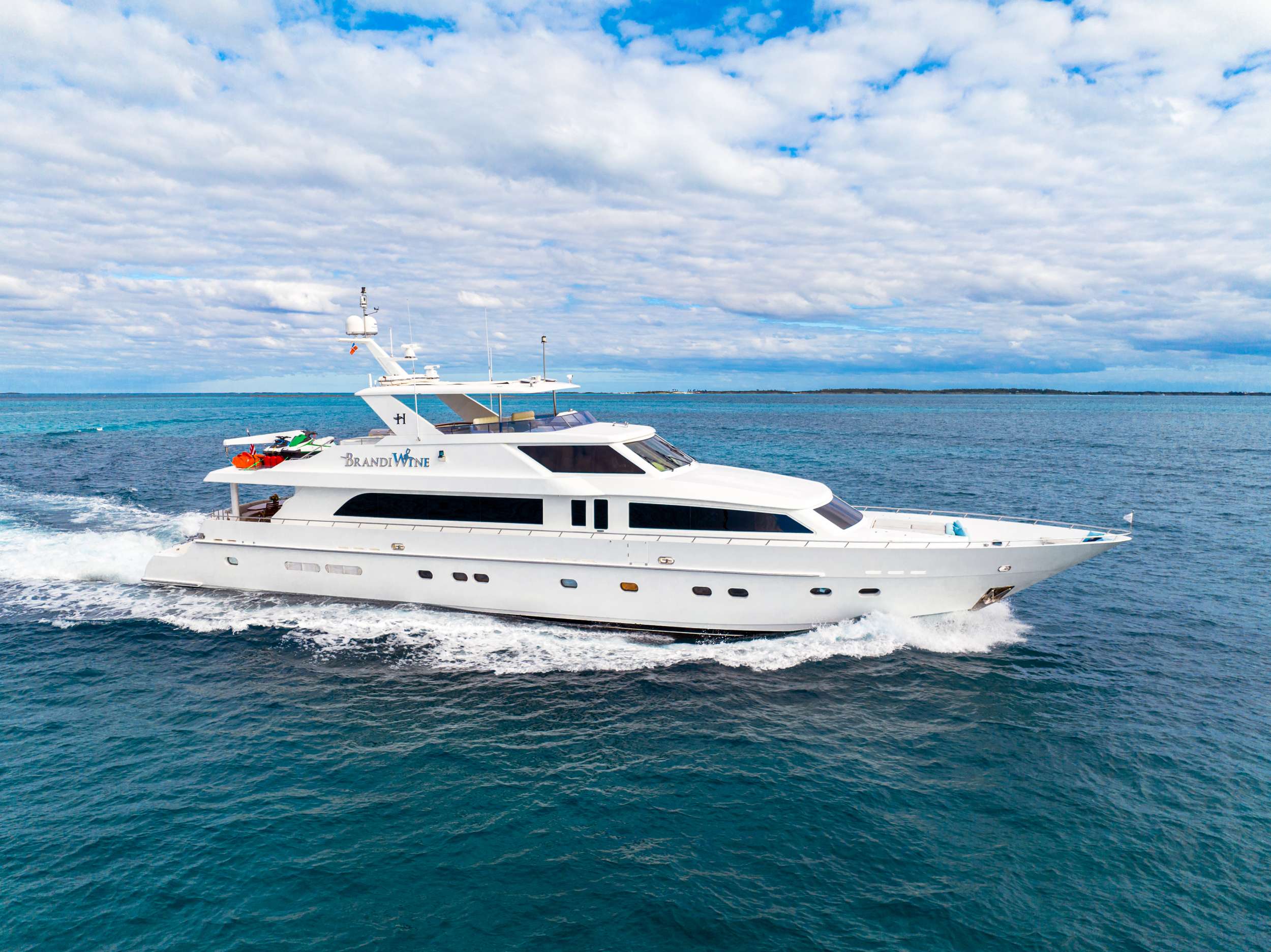 BRANDI WINE is a rare charter yacht, having crossed over the Atlantic, and even up to Alaska. She provides a luxury experience, where personal comfort is the top priority. Her zero speed stabilizers ensure smooth cruising on all waters, and her full refit in 2023 allows you to settle into your “home away from home” with contemporary stylings that provide the perfect retreat from any exotic excursion.
Her versatile cabin configuration allows you to fully customize your sleeping quarters based on your needs, whether you’re getting away on a couple’s vacation, or enjoying a family vacation. Her large aft deck, upper deck, and country kitchen provide great socializing spaces. Her walk around decks and crew passageways ensure privacy for guests while getting the high-level service you deserve.
BRANDI WINE is fully equipped for a week full of fun, whether you hit the water on one of her water toys, reel in your next big catch in the fishing cockpit, or cruise around on the spacious tender