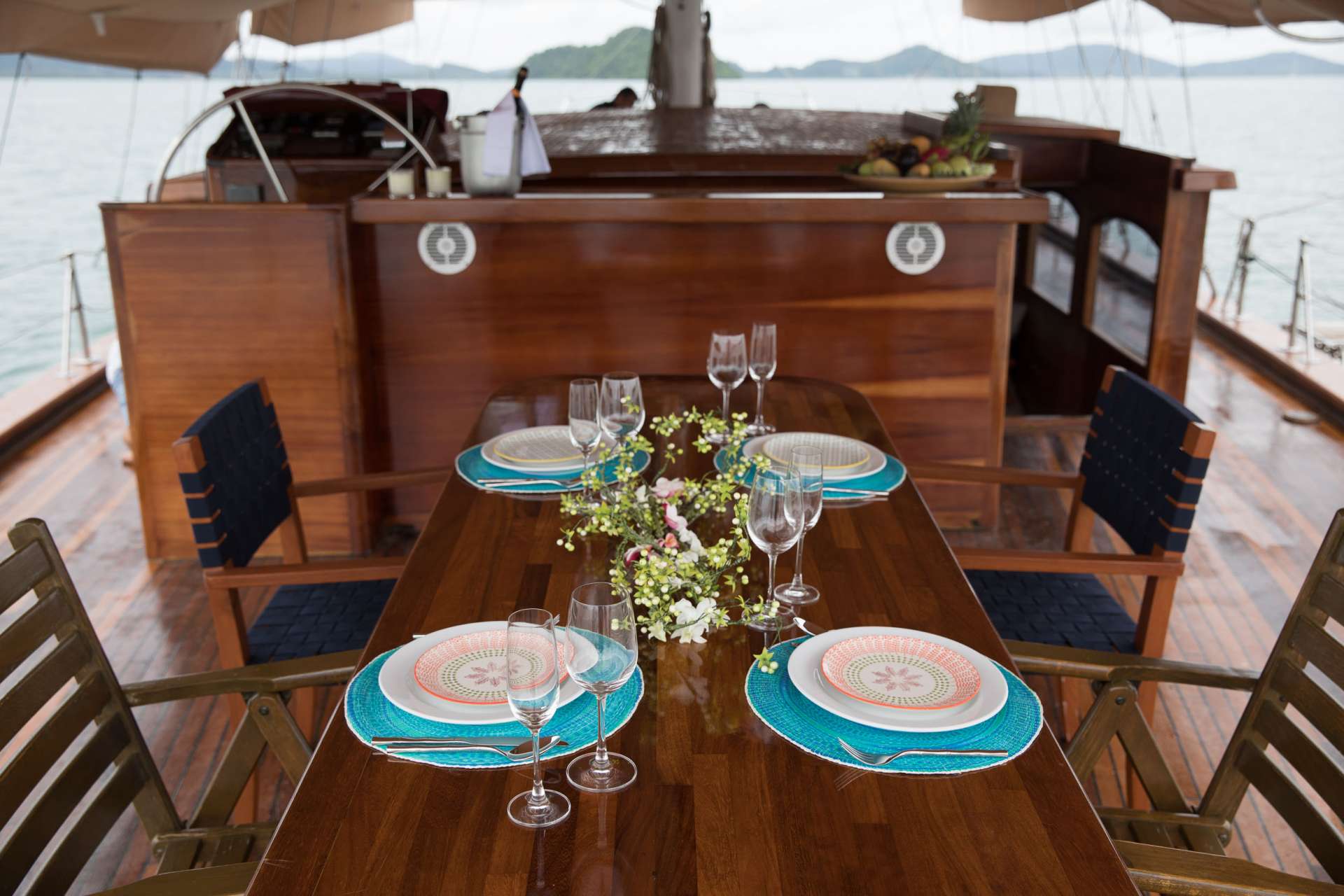 Dining on aft deck under awning