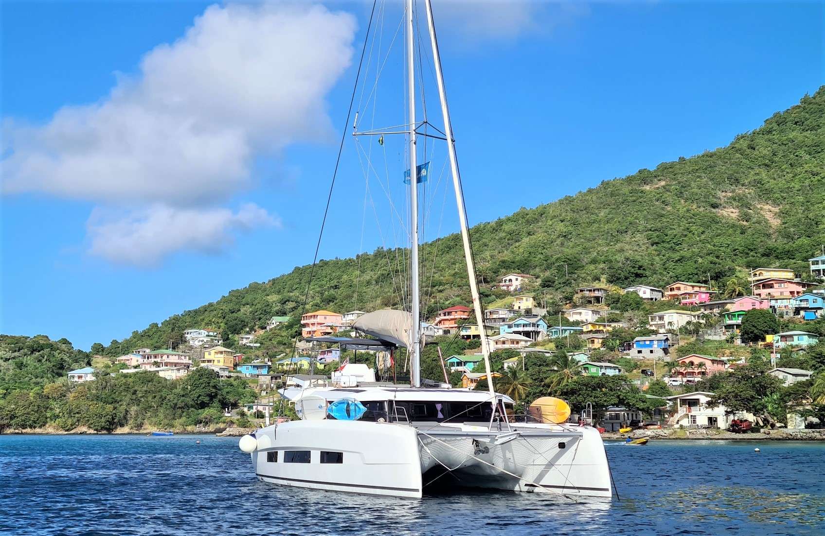 Neuroseas is a Dufour Catamaran built 2020, available for charter in the Grenadines and Grenada.

She can comfortably accommodate 8 people in 4 queen cabins with en-suite bathrooms or in 3 queens and one bunk twin cabin. All the equipment onboard is new, with lots of storage space [including space for dive tanks as we can offer diving with a local dive guide onboard], large 25 HP tender for water sports and multiple sunbathing decks including the spacious flybridge.

Waking up with the perfect view out of the big windows creates the special ambience in each cabin.  The crew also offer full cabin service including linen changes, turn down and towels replacement.

The cockpit area is very spacious and up to 8 people can be seated easily for breakfast, lunch or dinner. Or do you prefer an evening dance? &ndash; The lights will be dimmed, and the captain&acute;s guitar is ready.