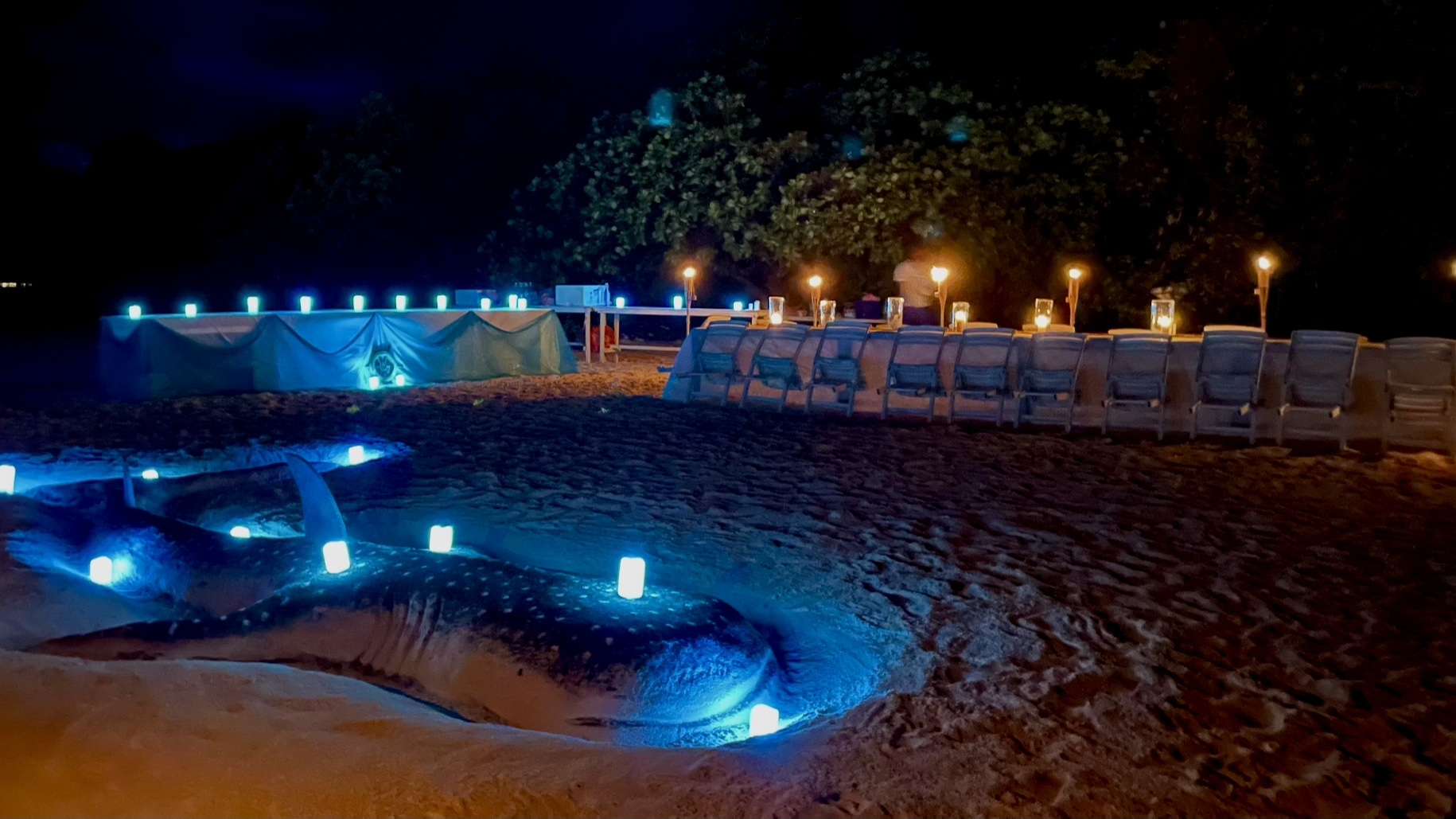 amazing sand art created by the crew of SAFIRA for an evening beach set up and dinner