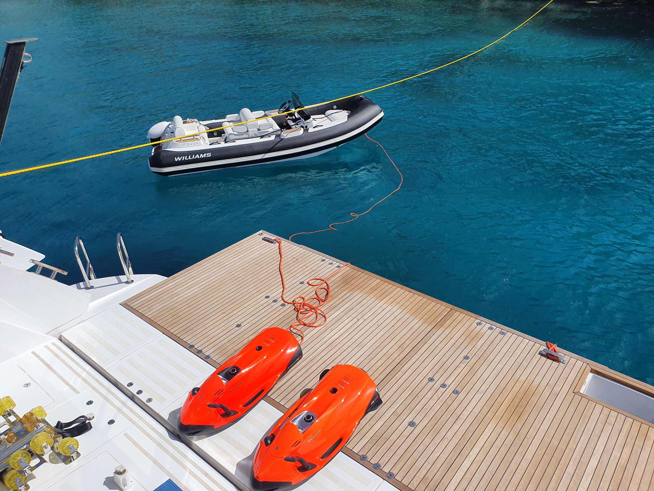 Toys include 4.5m Tender, Seadoo Fishpro Jetski and two Seabobs