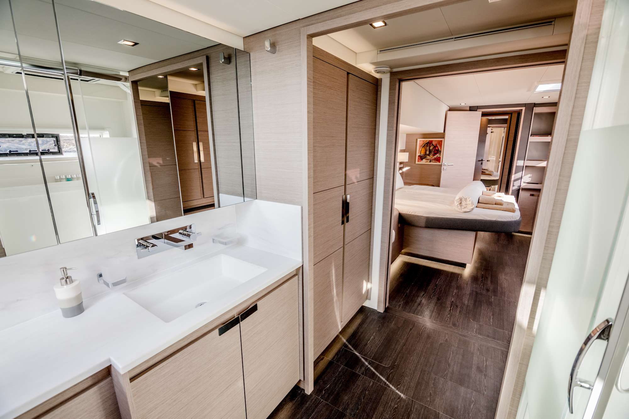ASTORIA Yacht Charter - Master bathroom with direct access to aft deck