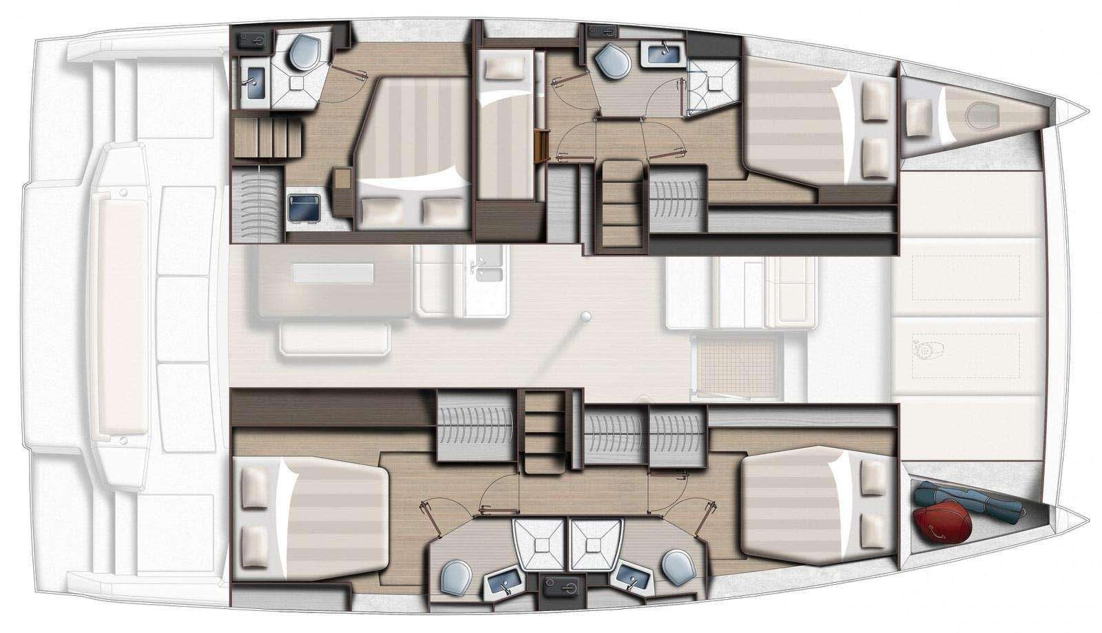 Explore the layout and specifications for Kos 46.Cat12, a 46 ft Sailing Catamaran