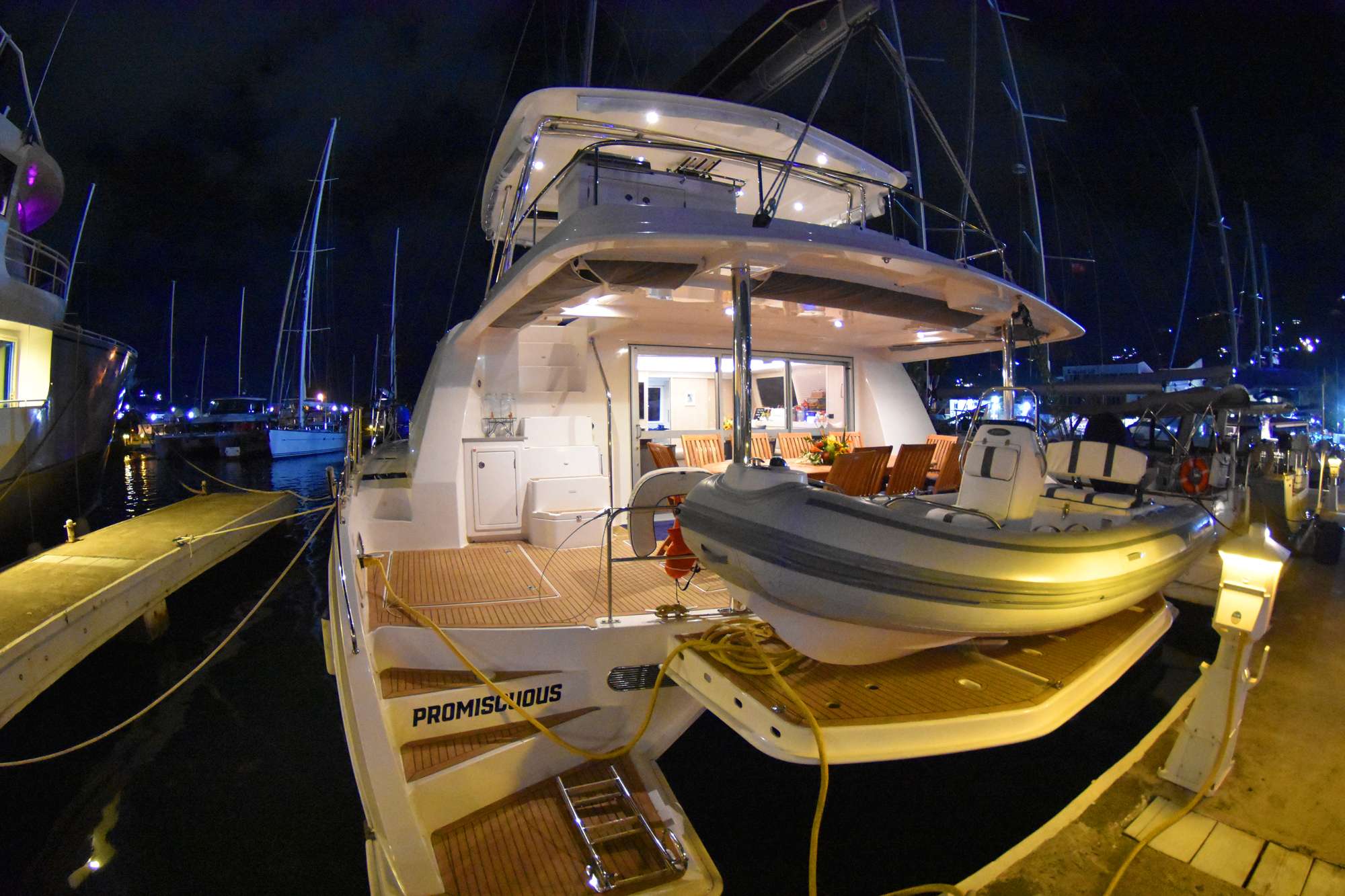 PROMISCUOUS Yacht Charter - Promiscuous Aft at night