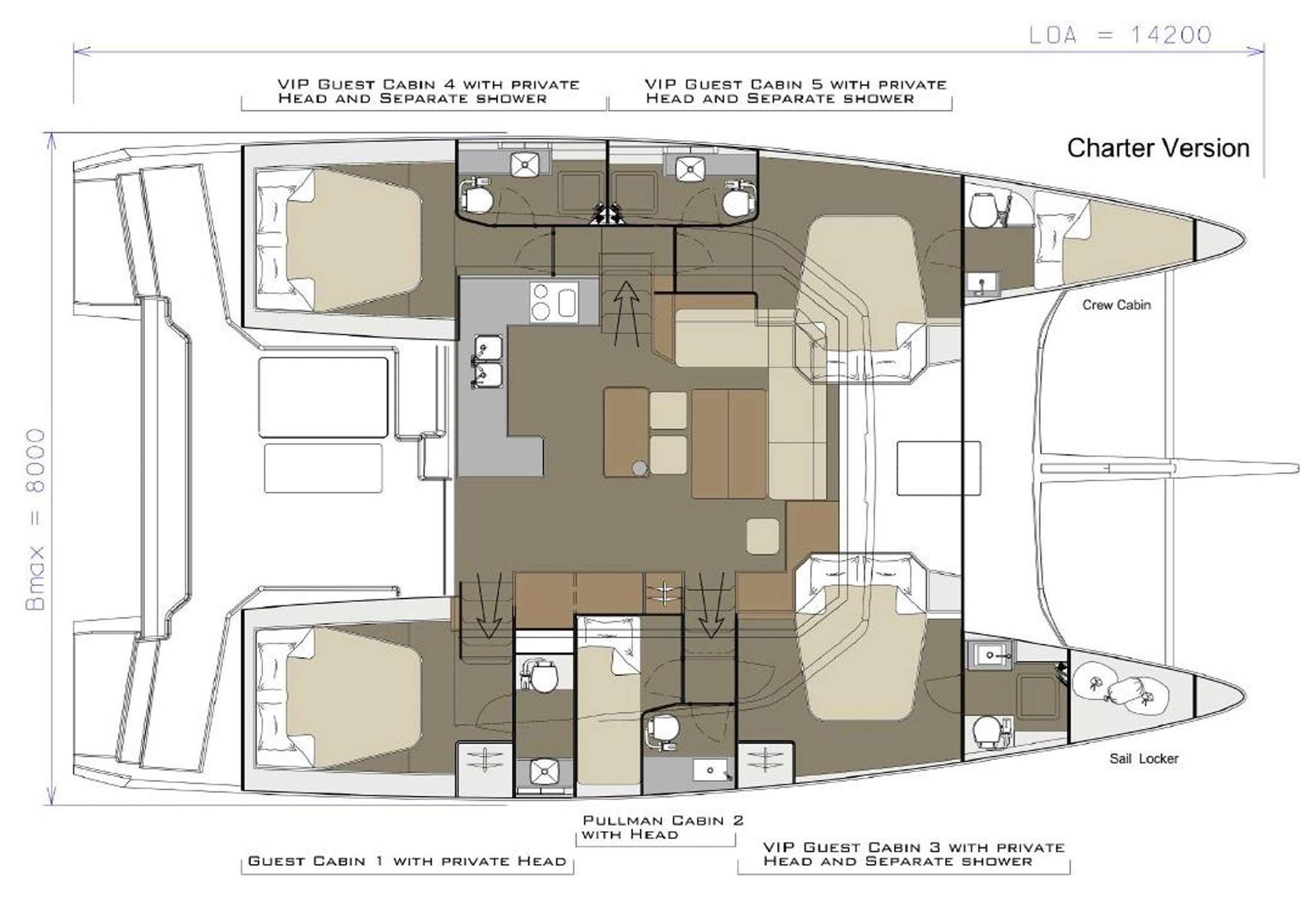 Explore the layout and specifications for Morning Star, a 48 ft Sailing Catamaran
