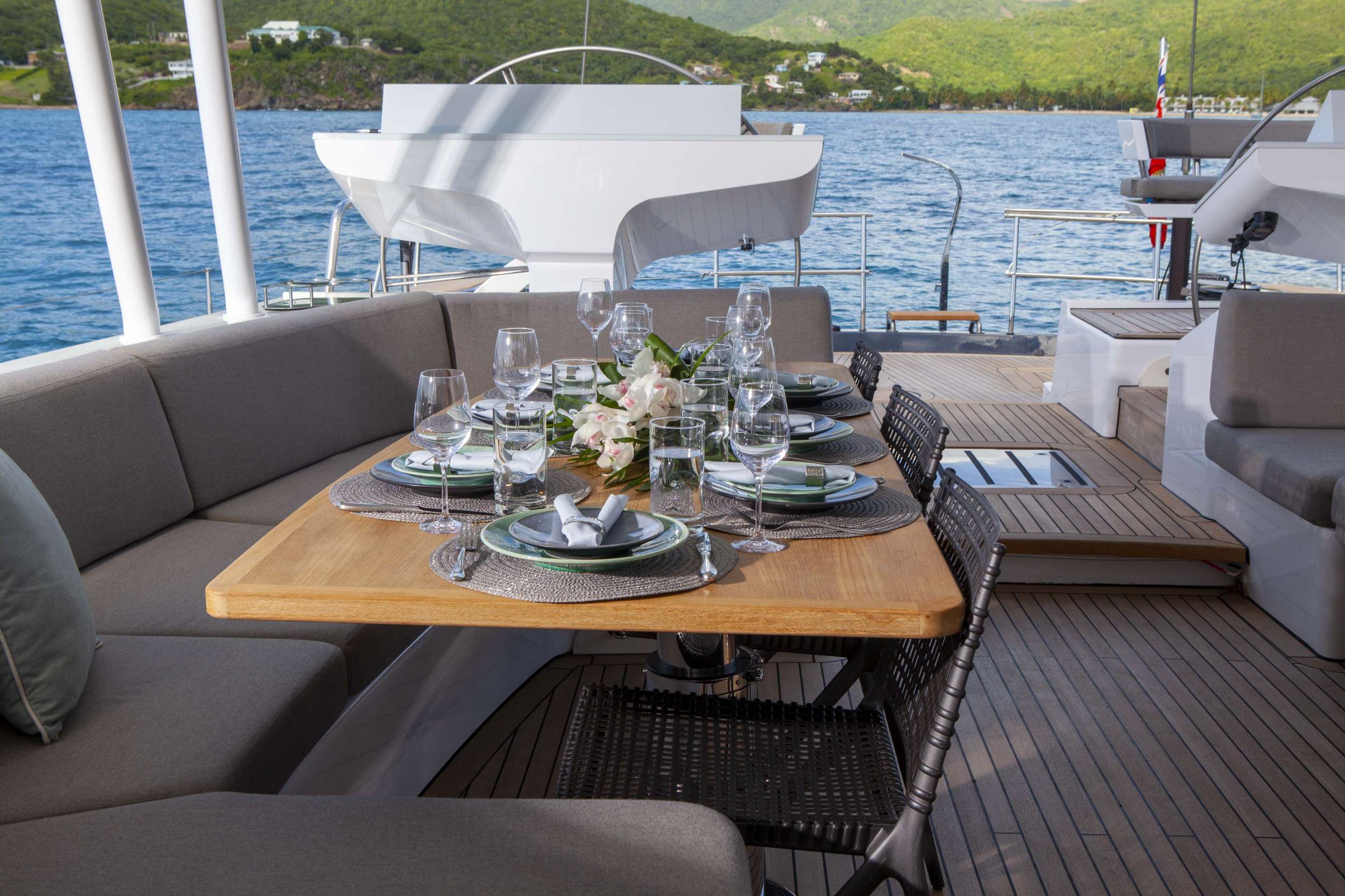 2 deck tables can each seat 8 comfortably &amp; convert to large lounging area when not in use