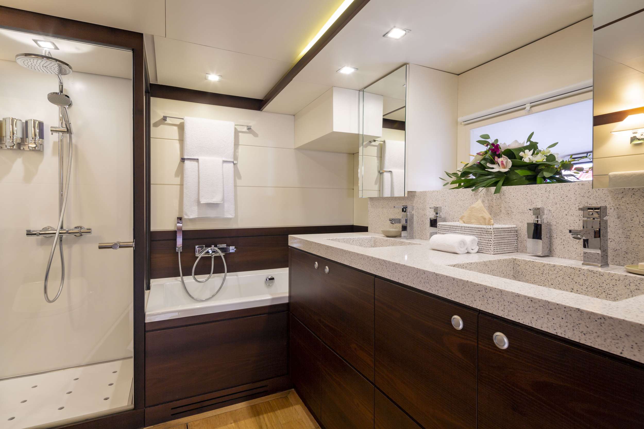 RADIANCE Yacht Charter - RADIANCE master bath with shower, full tub, twin sinks