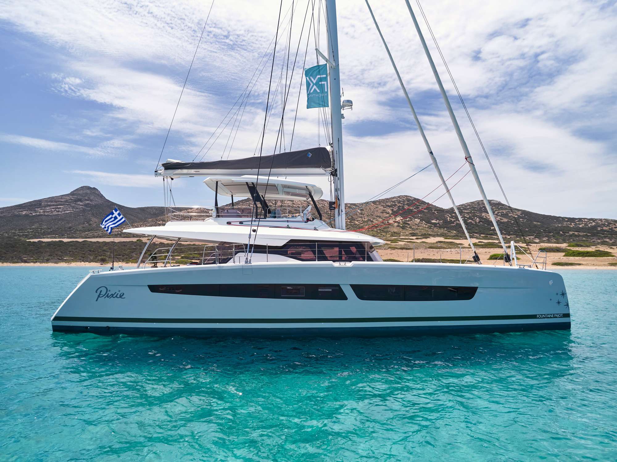 S/Y PIXIE is a  Fountaine Pajot Alegria 67, she is a remarkably beautiful and comfortable sailing catamaran designed by Berret Racoupeau Yachts Design for the most discerning sailors. Its incredibly spacious flybridge provides unrivaled comfort, and its bow cockpit, which features a separate Jacuzzi zone, symbolizes a lifestyle worthy of the best. 

S/Y PIXIE boasts extraordinary performance characteristics for a catamaran of its size, including good handling and the ability to sail on sharp courses. 
When boarding S/Y PIXIE, everyone anticipates huge, useful spaces, but , reality genuinely exceeds expectations. The exquisite interior features softer and more asymmetrical lines in accordance with modern design trends. 

Notable is the bathing platform, which is ideal for cocktails and lounging at sea level. 