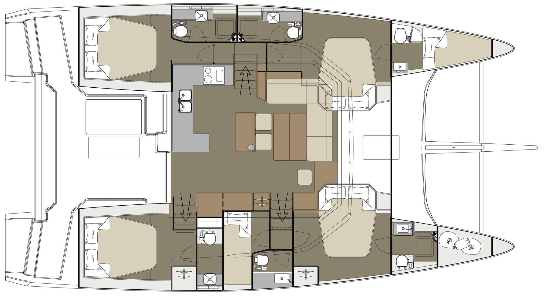 Explore the layout and specifications for Blue Horizon, a 48 ft Sailing Catamaran