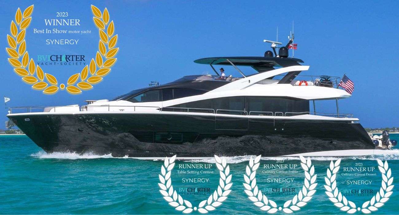 Synergy was just awarded multiple awards in the BVI Charter Yacht Society 2023 boat show, including:
- 1st Place, 'BEST MOTOR YACHT'
- 1st Runner-Up, 'Best Entre,' by Chef Audrey
- 1st Runner-Up, 'Best Dessert,' by Chef Audrey
- 1st Runner-Up, 'Best Table Setting'
If you are looking for the highest level of luxury and comfort on charter, then Synergy is the yacht for you! A stunning, 86' Sunseeker, Synergy is an immediate stand-out with its huge windows, voluminous accommodation and high-quality fit and finish.
There are numerous seating areas on the main deck, all of them centered around an elegant dining table amidships, an attractive and spacious galley on the port side – complete with a curved bar facing into the wheelhouse. The interior design is bright and contemporary, and the 21' beam offers a huge amount of interior volume.
There are two companionways leading to the cabins below, which somewhat counter-intuitively means the cabins can be bigger – since there is no need for a central corridor. The forward one goes down to a generous VIP suite in the bows, which has the feel of a private apartment, with a Queen sized bed and en-suite head. The midship companionway leads to a central lobby with a full-beam master suite, featuring a King sized bed and beautiful en-suite head. The midship companionway also leads to two versatile twin cabins aft, both of which have convertible beds. The two twin cabins can be configured with two twin beds, or the beds can slide together to make one Queen. Both of the twin guest cabins also have en-suite heads.
The flybridge is the perfect spot to take in the BVI sights while on charter, and relaxation areas abound. There is a large dining table that can accommodate up to 8 guests, and it is the perfect spot for breakfast and lunch al fresco dining. There is a large wrap-around couch on the bridge, perfect for lounging in the shade. The flybridge also features a jacuzzi tub, which is the ideal spot to catch a sunset or enjoy a nightcap.
With a cruising speed of 10-15 knots, Synergy provides a quick and comfortable ride between islands. Synergy also features stabilizers to help create the most comfortable ride possible! Synergy is equipped with a 26' center console tender and a huge assortment of additional water toys including two sea bobs and a floating party cabana.
Synergy is equipped with Starlink internet, so guests who want to remain connected can do so with high-speed rates.
With a full-time crew of 4, including a captain with years of BVI charter experience, Synergy promises to offer a top-notch charter vacation!