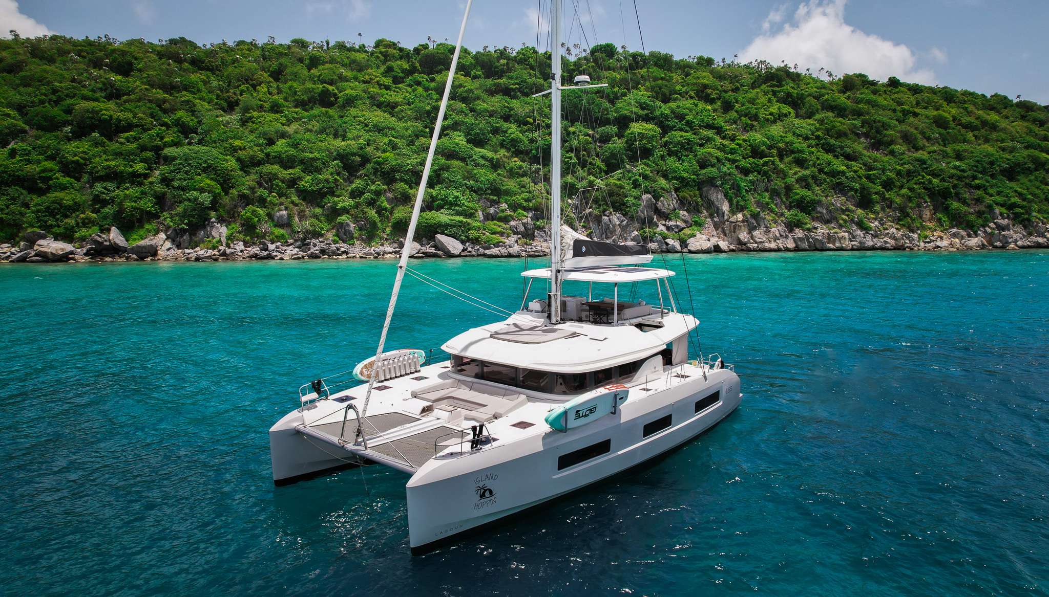 Island Hoppin' 55 catamaran at anchor in the BVI