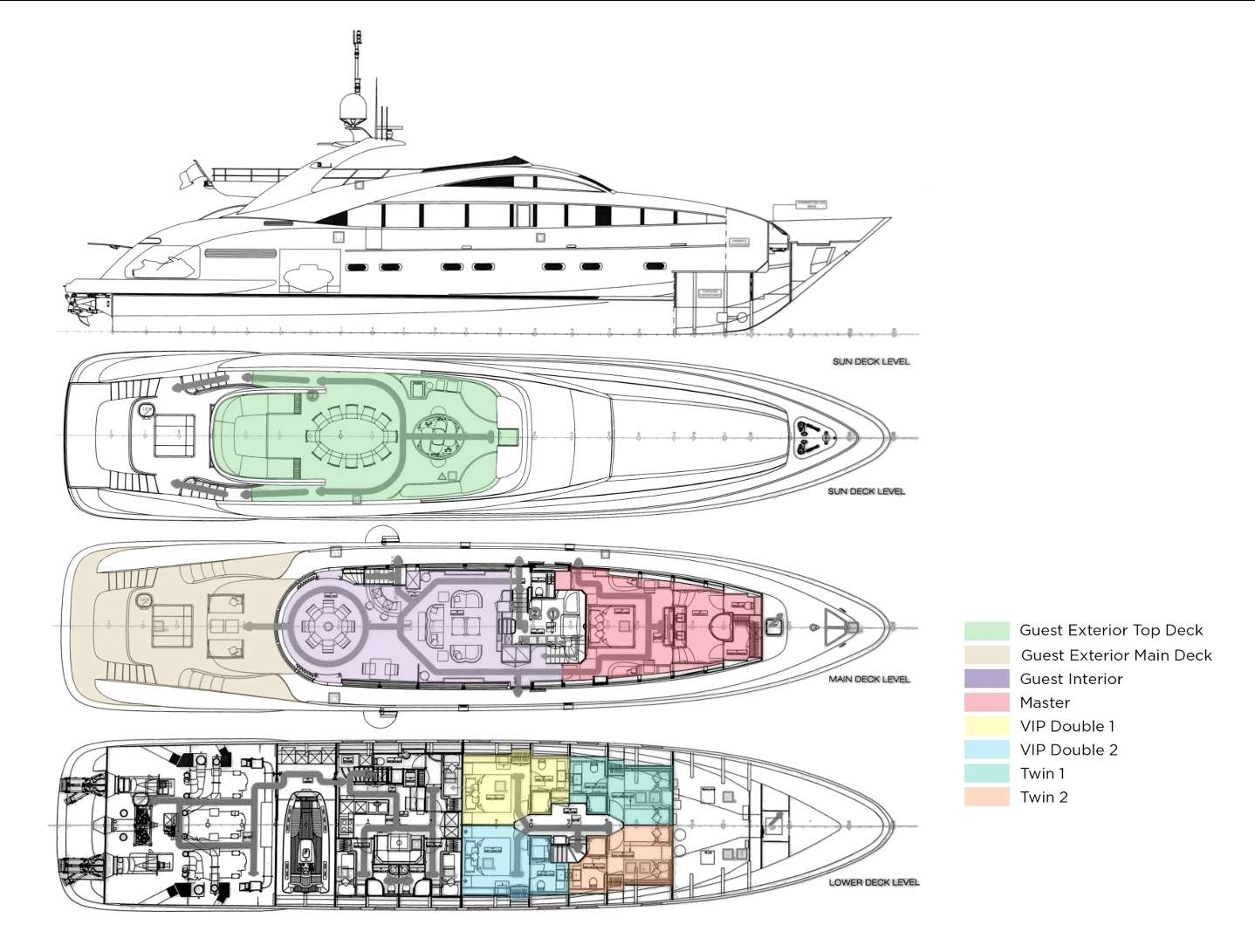 Explore the layout and specifications for YCM 120, a 120 ft Motor Yacht