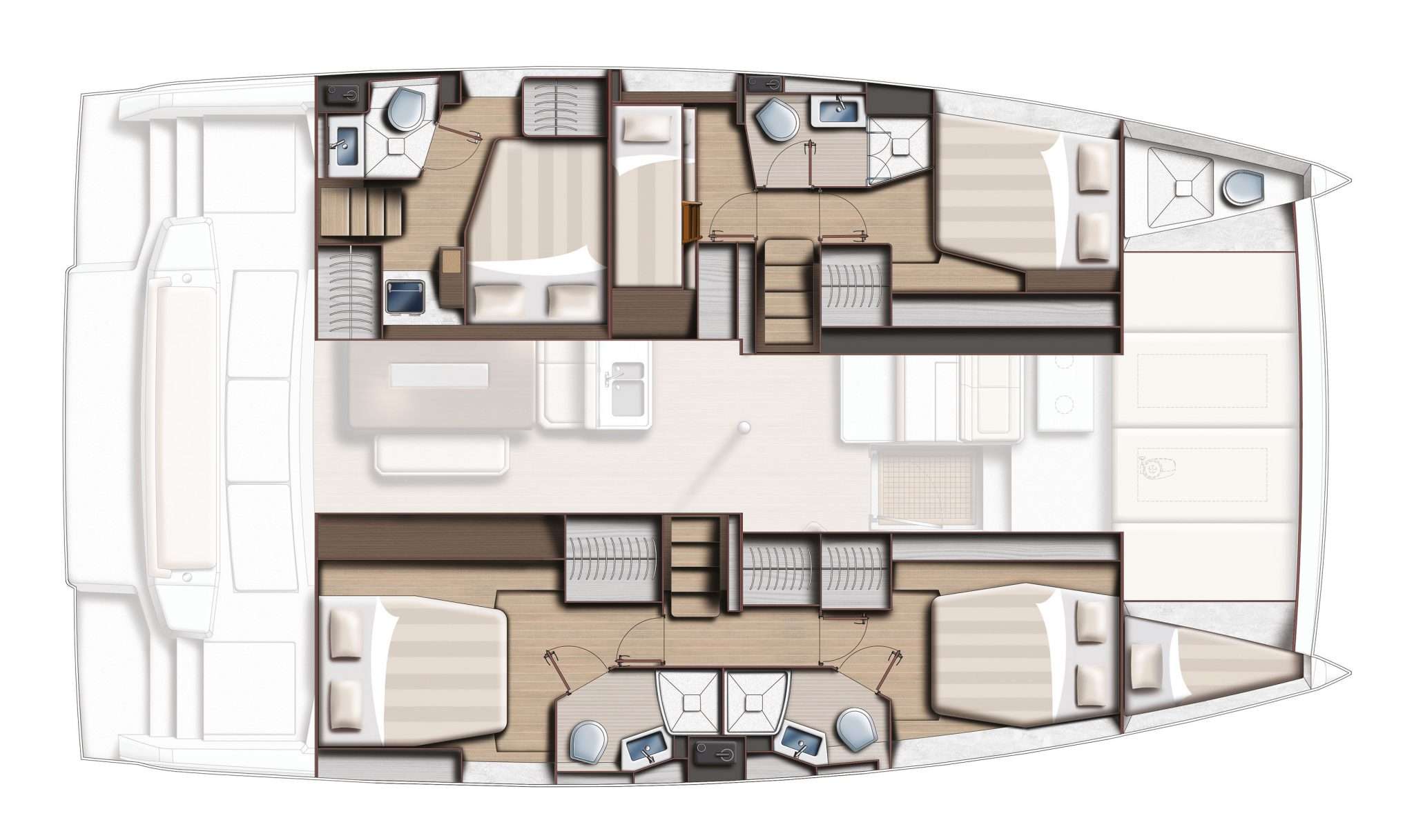 Explore the layout and specifications for First Tracks, a 46 ft Sailing Catamaran