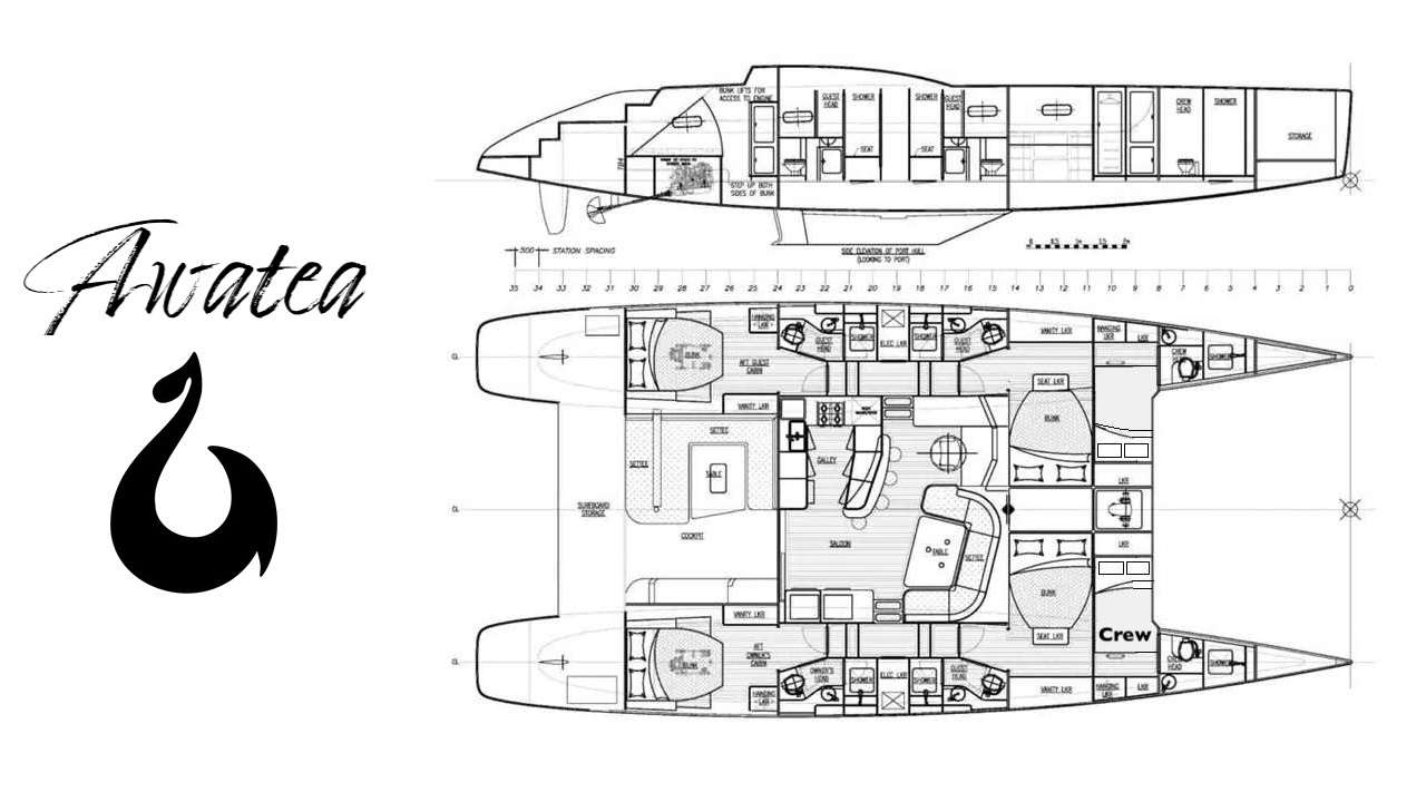 Explore the layout and specifications for AWATEA, a 63 ft Sailing Catamaran
