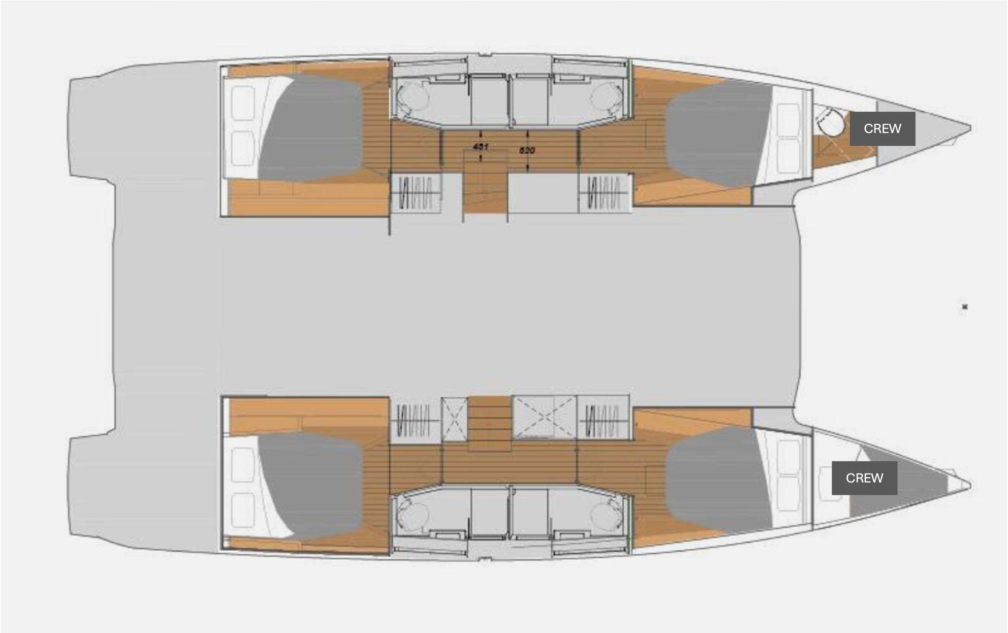 Explore the layout and specifications for PHOEBE, a 45 ft Sailing Catamaran